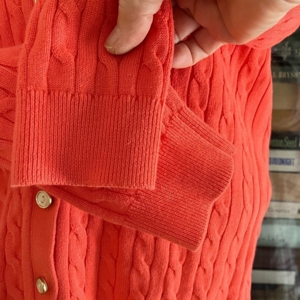 Land’s End XS Cable Knit Sweater V-Neck Coral Orange Orange Melon Like New - Picture 4 of 14